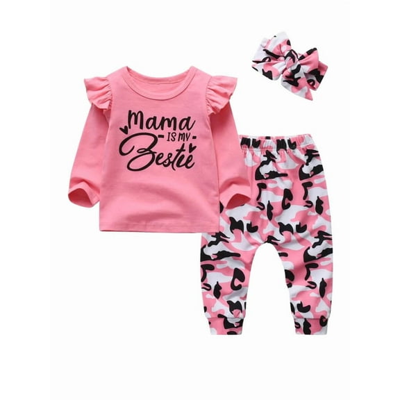 Baby Girl Clothes Long Sleeve Letter Ruffle Tops Printed Pants and Headband Outfit Set Pink 0-3 Months