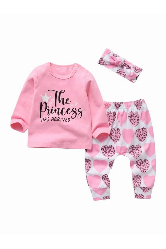 Baby Girl Clothes Long Sleeve Letter Tops Heart Shaped Printed Pants and Headband Outfit Set Pink 3-6 Months