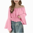 thumbnail image 1 of Baby Girl Clothes Long Sleeve Shirts for Girls Crop clothes Off Shoulder Bell Sleeve Loose Plain for Summer Party Pink 14-15 Years, 1 of 8