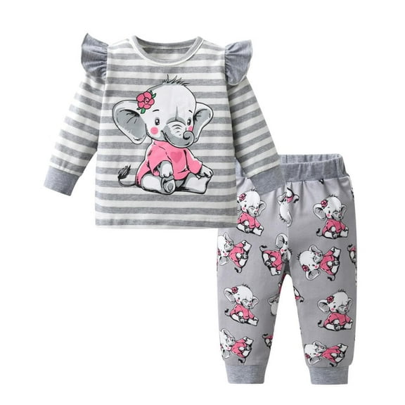 Baby Girl Clothes Long Sleeve Striped Animal Style Tops Elephant Printed Pants Outfit Set Gray 0-3 Months