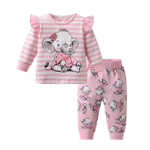 Baby Girl Clothes Long Sleeve Striped Animal Style Tops Elephant Printed Pants Outfit Set Pink 3-6 Months