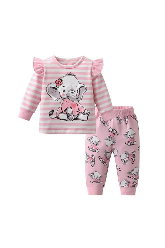 Baby Girl Clothes Long Sleeve Striped Animal Style Tops Elephant Printed Pants Outfit Set Pink 6-9 Months