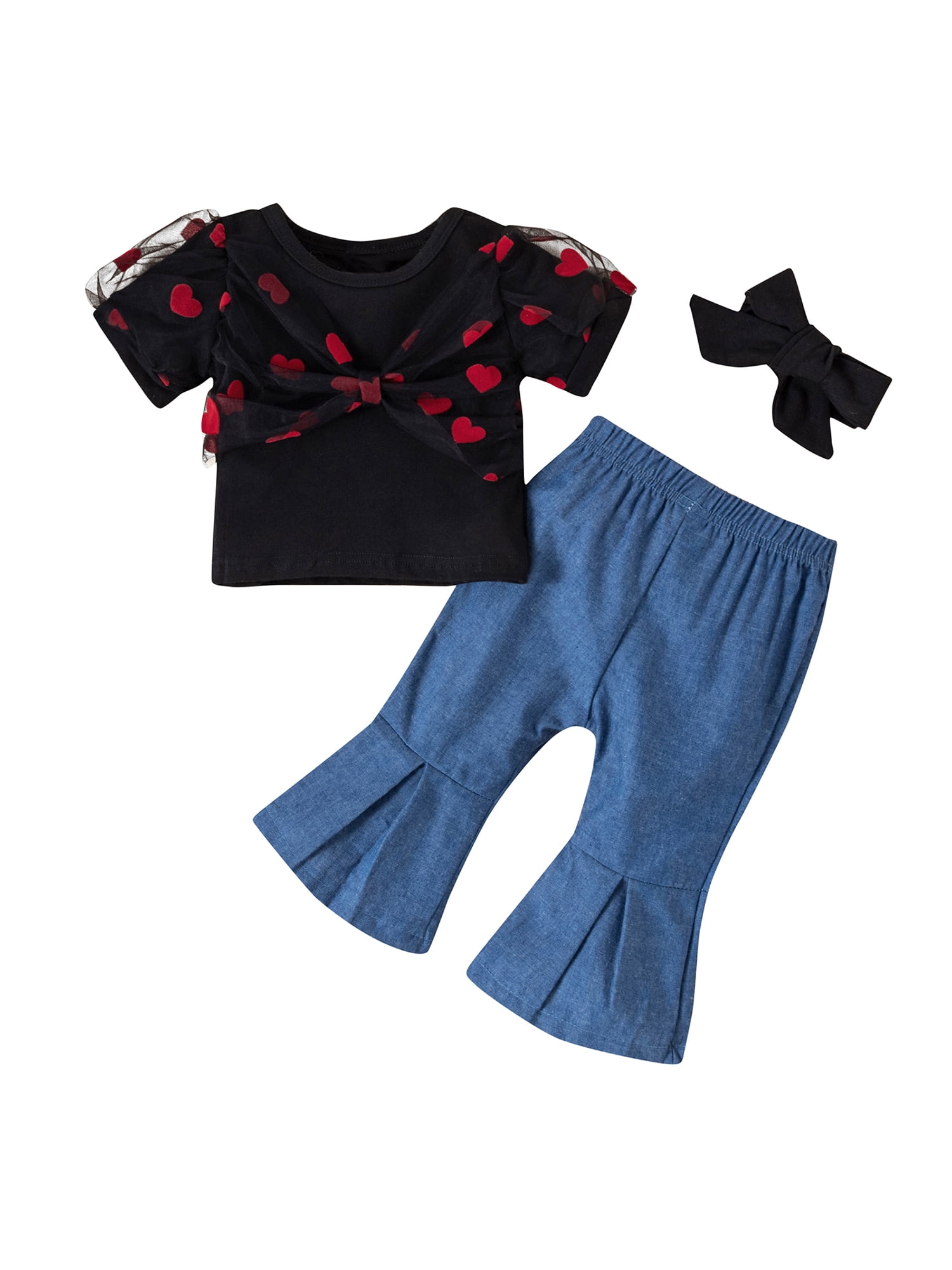 3pcs Baby Girl 95% Cotton Cold Shoulder Long-sleeve Crop Top and Striped Flared Pants with Headband Set