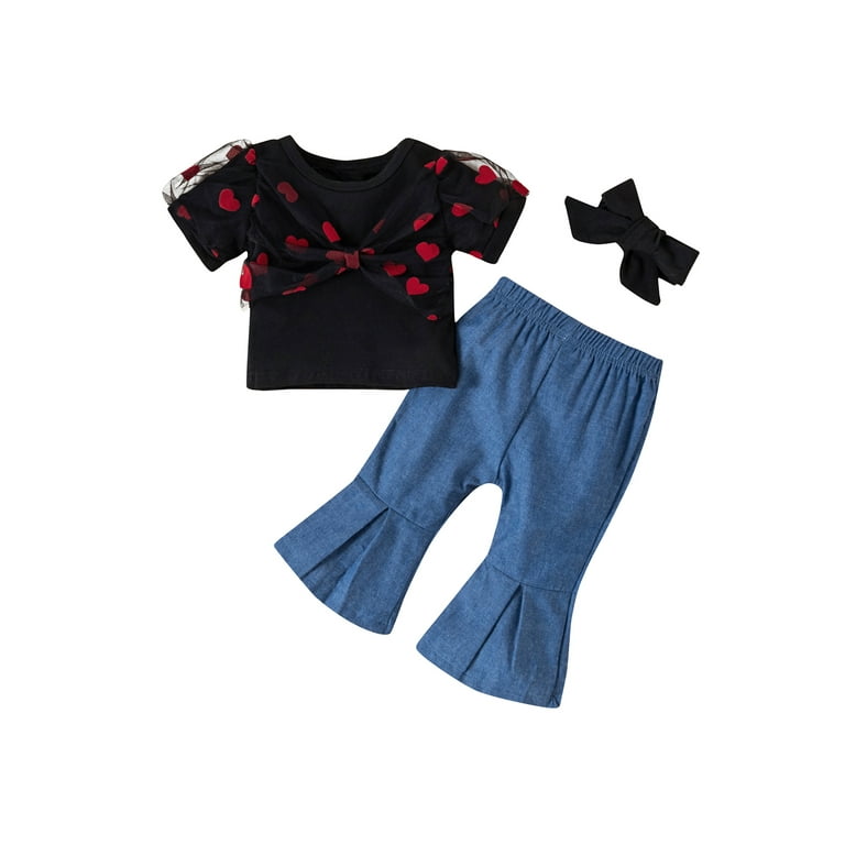 Baby Girl Clothes Mesh Bowknot Heart Print Puff Short Sleeve T-shirt Top+ Denim Flare Pants Summer Outfits 2pcs Set 