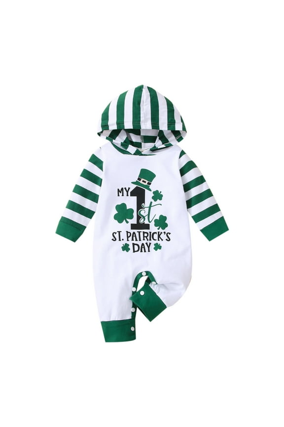 Baby Girl Clothes My First St. Patricks Day Hooded Striped Letter Print Long Sleeve Romper Jumpsuit Baby Bodysuit Unisex
