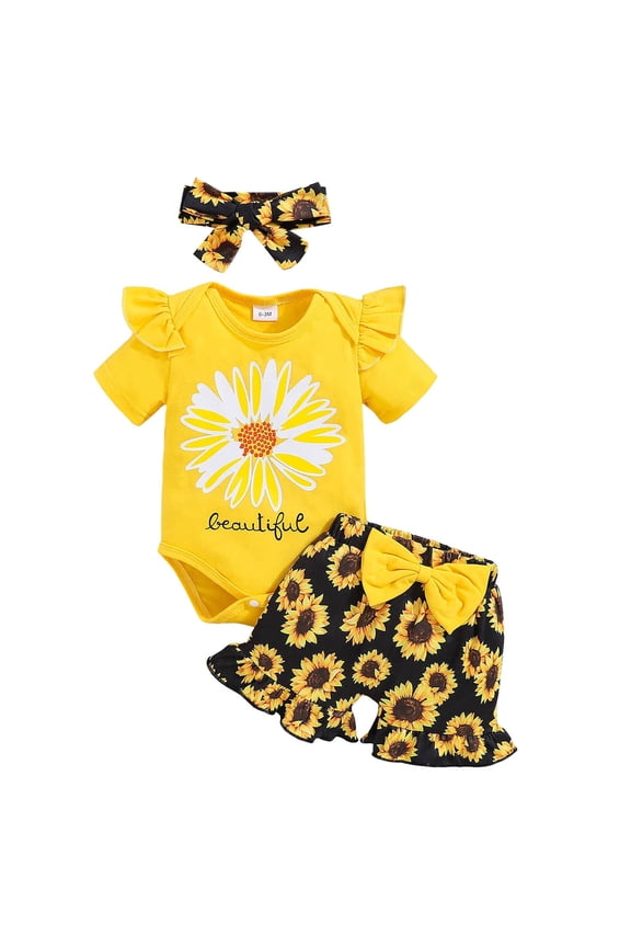 Baby Girl Clothes Newborn 3 6 12 18 24 Months 2T 3T 4T 5T Cute Ruffle Bodysuit Set 3Pcs Infant Romper Onesie Flower Shorts Bloomers Sets with Headband Toddler Summer Outfits (0-3 Months,Yellow)
