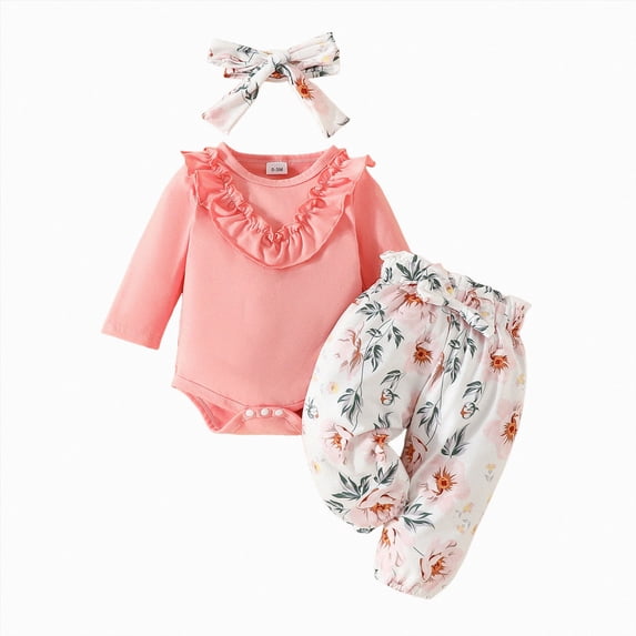 Baby Girl Clothes Newborn Infant Outfits Solid Ruffle Romper+ Floral Pants + Cute Headband Sets For Kaprioy Baby Girl Clothes