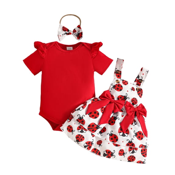 Baby Girl Clothes Newborn Ruffle Romper Suspender Skirt Bow Summer Outfits 0-18 Months,Red