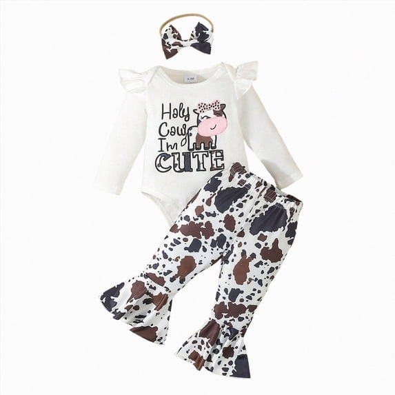 Baby Girl Clothes Outfit Newborn Going Home Outfit Long Sleeve Letter Cute Cow Print Ruffle Romper+ Floral Pants + Cute Headband Sets for Fall Winter 0 3 6 9 12 18 Months