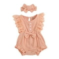 thumbnail image 1 of Baby Girl Clothes Outfits Button Up Solid Color Fly Sleeve Bodysuit with Headband Casual 2PC Set Size 3 M-6 M, 1 of 4