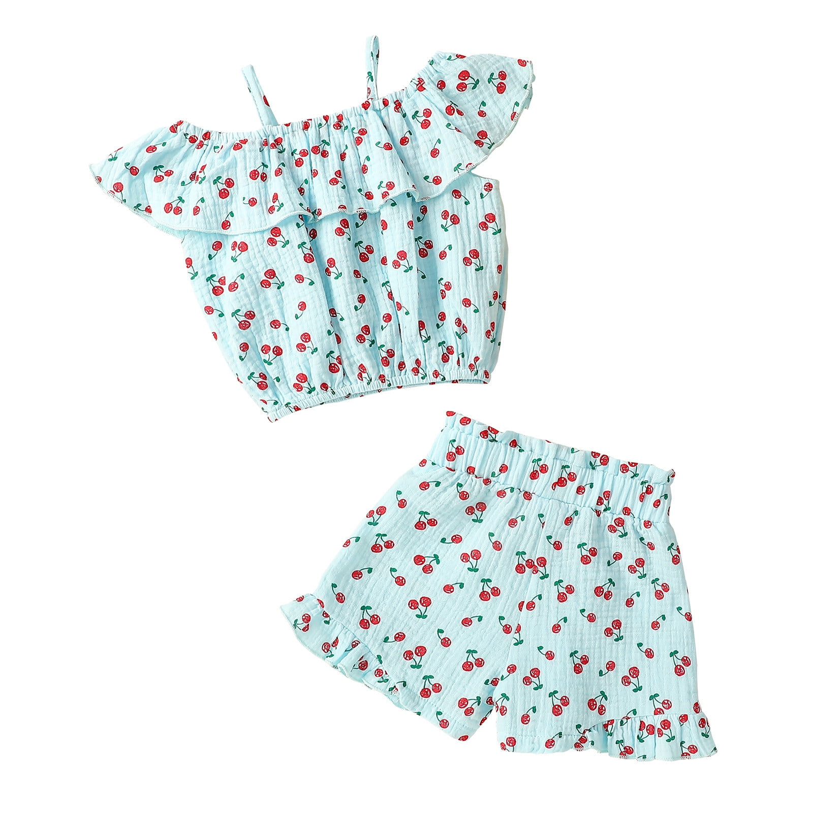 2pcs Baby Girl 100% Cotton Crepe Floral Print Pom Poms Ruffle Sleeveless Top and Shorts Set