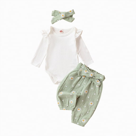 Baby Girl Clothes Outfits Cute Flower Ruffle Romper+ Floral Pants + Cute Headband Sets for Girls