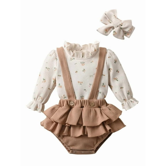 Baby Girl Clothes Print Tops   Suspender Romper Dress   Headband Outfit Set Brown 6-9 Months