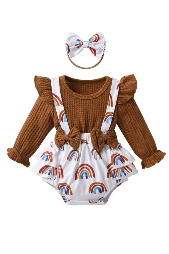 Baby Girl Clothes Ribbed Long Sleeve Faux-Two Rainbow Print Romper Dress with Headband Brown 6-9 Months