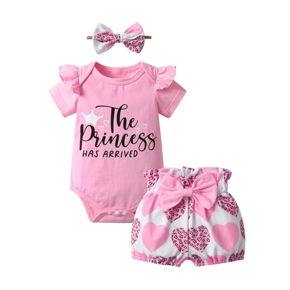 Baby Girl Clothes Ruffle Letter Short Sleeve Romper Print Shorts with Headband 3PCS Set Pink 0-3 Months