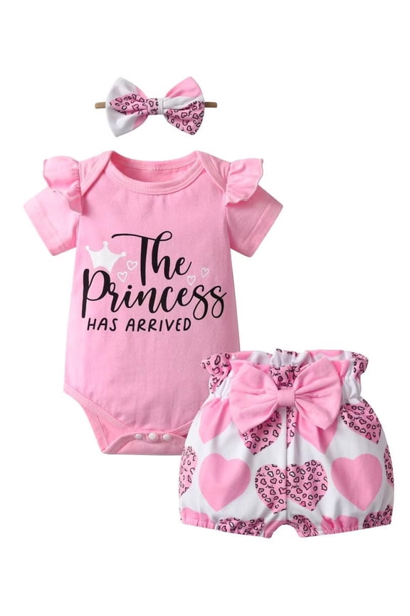 Baby Girl Clothes Ruffle Letter Short Sleeve Romper Print Shorts with Headband 3PCS Set Pink 3-6 Months