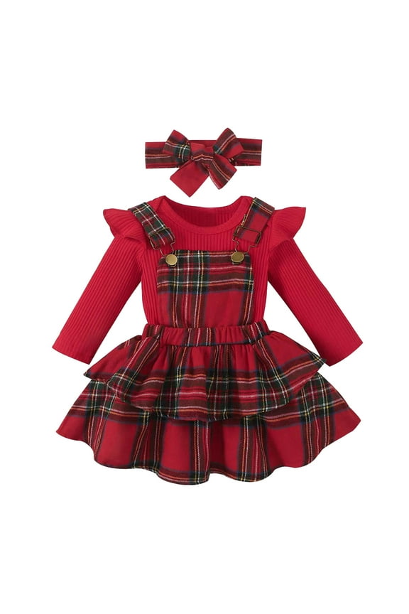Baby Girl Clothes Ruffle Long Sleeve Romper Plaid Suspender Skirt with Headband Newborn 3 Piece Outfit 0-24 Months Baby Girl Clothes 12 18 Months