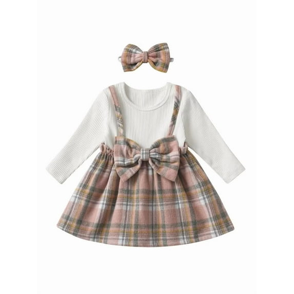 Baby Girl Clothes Ruffles Plaid Faux-two Dress with Bow Headband Fall Winter Outfit 3-6 Months