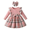 thumbnail image 1 of Baby Girl Clothes Ruffles Plaid Long Sleeve Dress with Bow Headband Fall Winter Outfit Pink 3-6 Months, 1 of 6