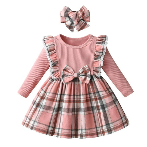 Baby Girl Clothes Ruffles Plaid Long Sleeve Dress with Bow Headband Fall Winter Outfit Pink 9-12 Months