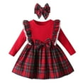thumbnail image 1 of Baby Girl Clothes Ruffles Plaid Long Sleeve Dress with Bow Headband Fall Winter Outfit Red 18-24 Months, 1 of 6