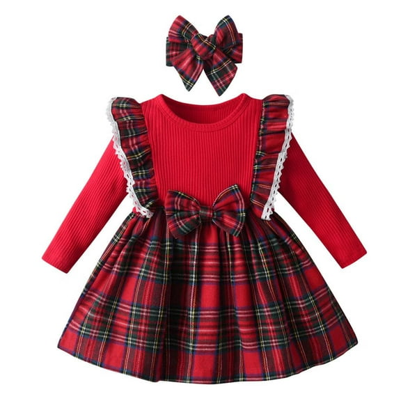 Baby Girl Clothes Ruffles Plaid Long Sleeve Dress with Bow Headband Fall Winter Outfit Red 6-9 Months