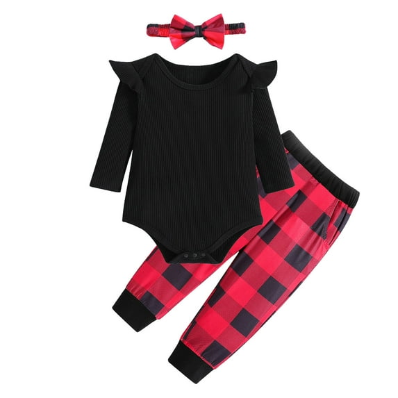 Baby Girl Clothes Set Newborn Christmas Outfits Infant Ribbed Ruffle Romper+Plaid Pants+Headband Clothing