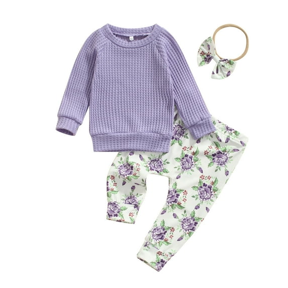Baby Girl Clothes Set Solid Color Long Sleeve Knitted Tops and Floral Printed Pants Spring Fall Outfits 0 6 12 18 24 Months