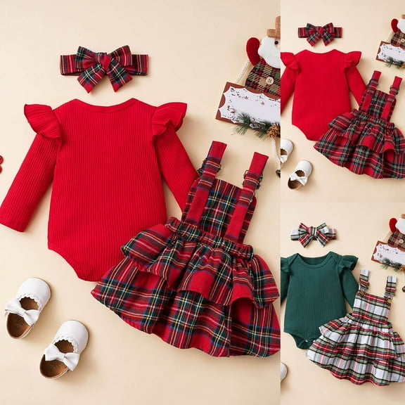 Baby Girl Clothes Sets: 3 Piece Long Sleeve Top Plaid Romper with Headband Fall Winter Outfit for Infant 0-24 Months Girls Two Piece Outfits Skirt