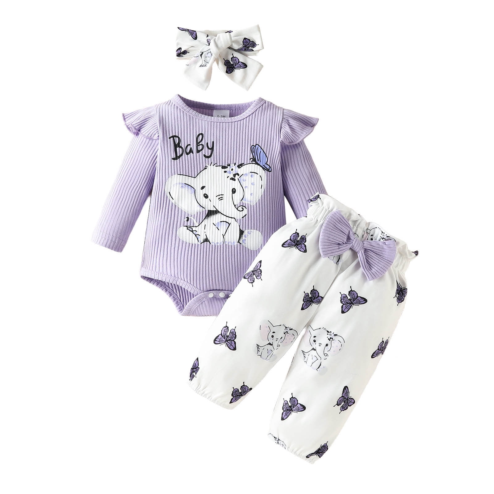 Baby Girl Clothes Winter Cute Outfits 3 6 12 18 Months Girls Long Sleeve Ribbed Cartoon Prints Romper Bodysuit Pants Headbands Outfits 12-18 Months