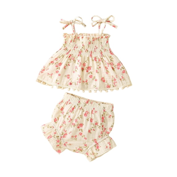 Baby Girl Clothes Toddler Baby Girl Clothes Summer Outfits Ruffle Sleeveless Linen Shirt Kid Short Set for Girl,Beige