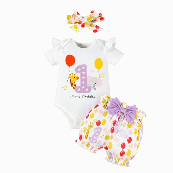 Baby Girl Clothes Toddler Baby Girls Clothes Outfits Cute Summer Cartoon Letter 1 Happy Birthday Printed Short Sleeve Shorts 3 Piece Set