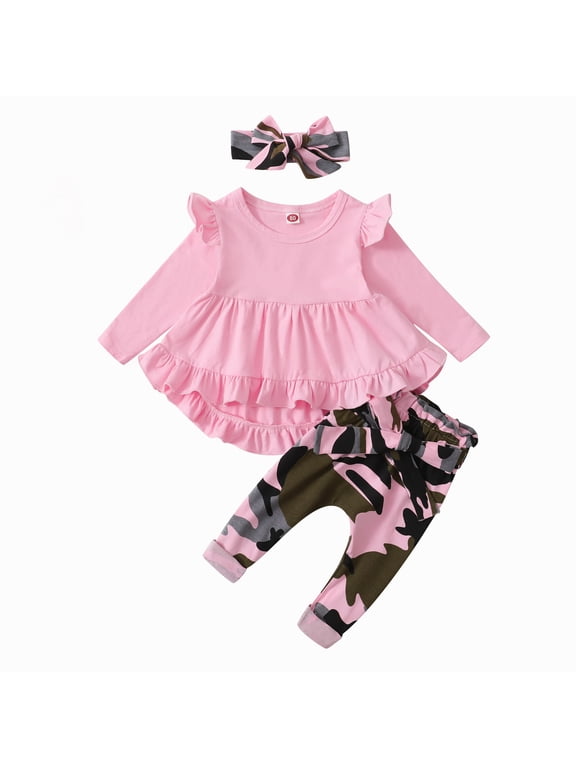 Baby Girl Clothes Toddler Girl Camo Outfit Ruffle Sleeve Shirt Floral Pant Set Fall Winter Clothing for Girl (12-18 Months, Pink)
