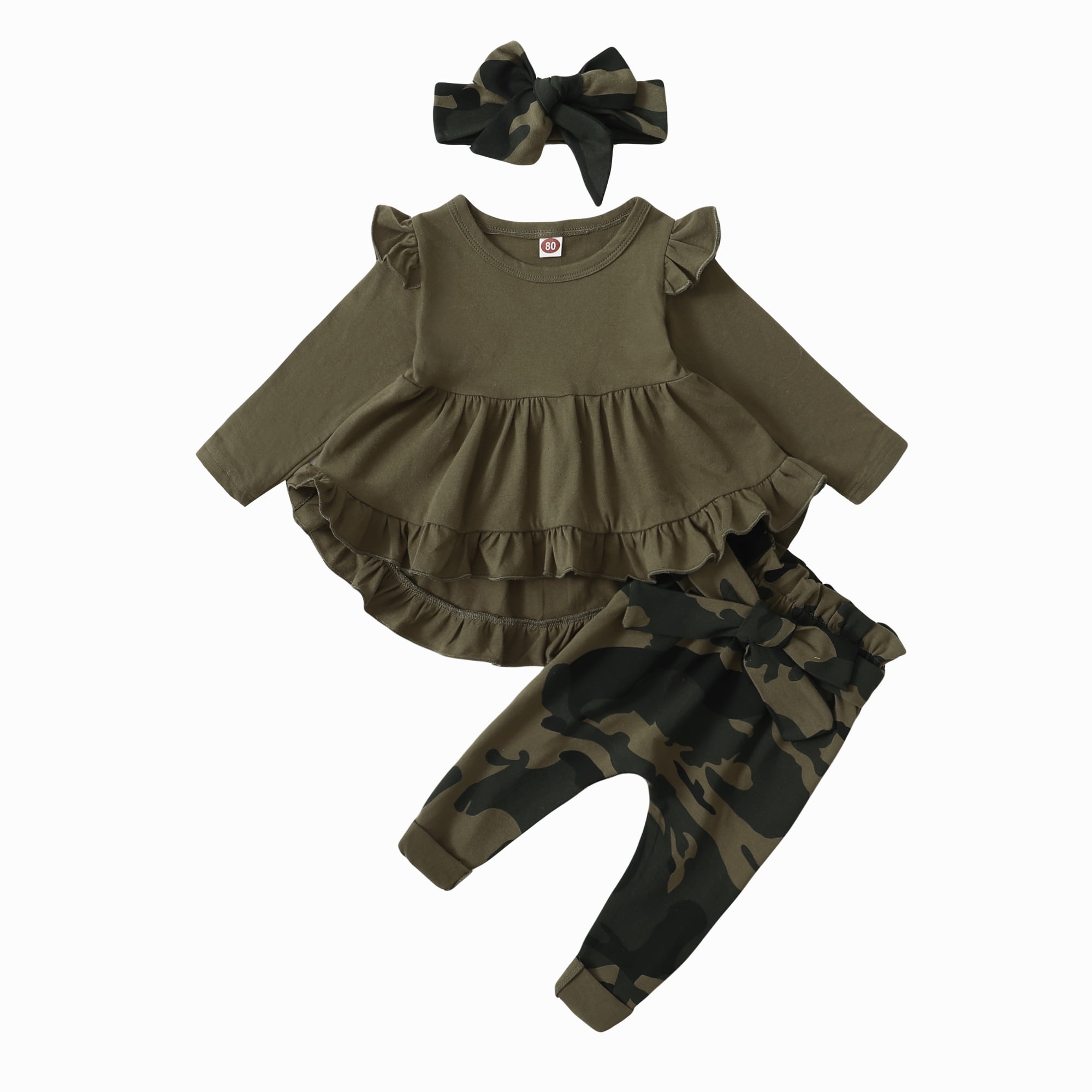 Baby Girl Clothes Toddler Girl Camo Outfit Ruffle Sleeve Shirt Floral Pant Set Fall Winter Clothing for Girl (2-3T, DarkGreen)