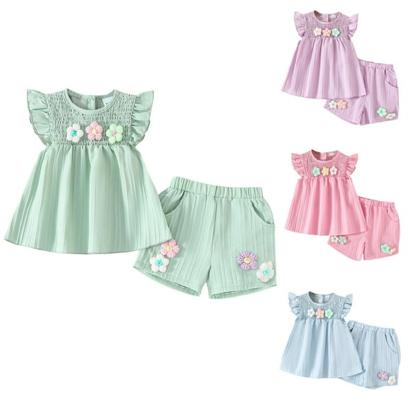 Baby Girl Clothes Toddler Girl Summer Two Piece Outfit Kids Ruffle Sleeveless Plaid Tops Denim Jeans Shorts Set Teen Girl Clothes Sets