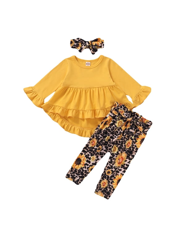 Baby Girl Clothes Toddler Girl Sunflower Outfit Ruffle Sleeve Shirt Floral Pant Set Fall Winter Clothing for Girl 12-18 Months