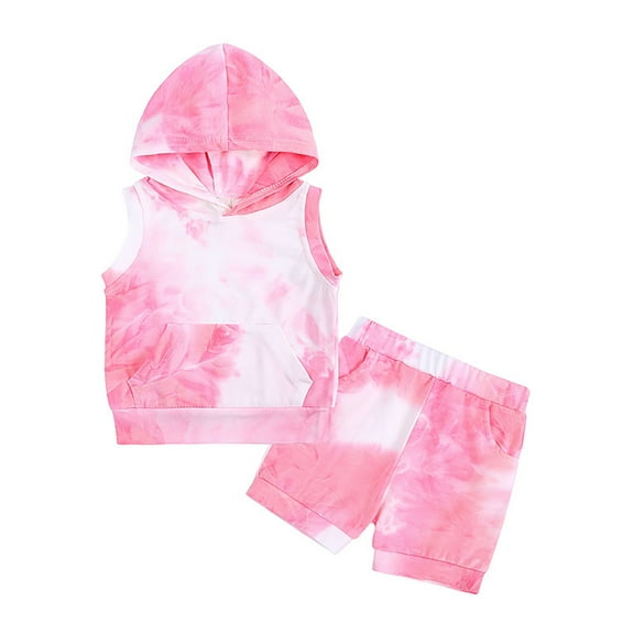 Baby Girl Clothes Toddler Girls Summer Sports Outfits 2pcs Tie Dye Print Sleeveless Hooded Tank Tops and Shorts Cotton Clothing Sets 1-2 Years