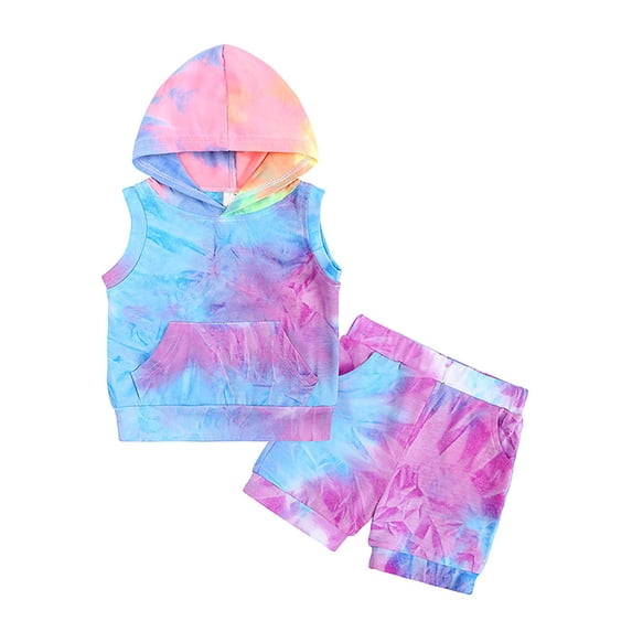 Baby Girl Clothes Toddler Girls Summer Sports Outfits 2pcs Tie Dye Print Sleeveless Hooded Tank Tops and Shorts Cotton Clothing Sets 9-12 Months