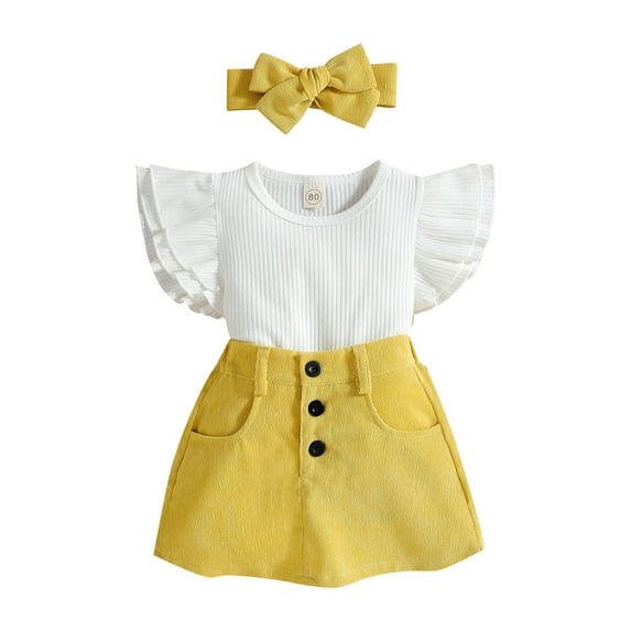 Baby Girl Clothes Toddler Summer Outfits Set Ruffle Sleeve T-Shirt Tops Button Shorts with Hairband 1 to 4 Years