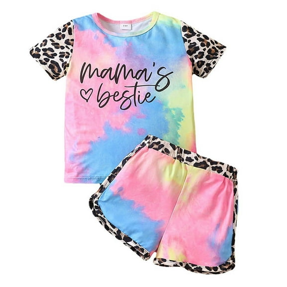 Baby Girl Clothes Toddler Summer Two Piece Outfit Little Girls' Leopard Print Tie Dye Two Piece Set Short Sleeve Outfit with Letter Details Cute Kids Outfit Set for 1-2 Years