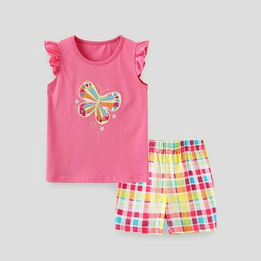 Baby Girl Clothes Toddler Two Piece Outfit Girls' Travel 2 Piece Set Knit Embroidered T Shirt Checkered Shorts Casual Outfit Beach Vacation Spring Summer Clothes for Kids1-2 Years