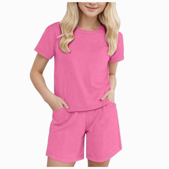 Baby Girl Clothes Tracksuit Summer Crewneck Crop Tops and Shorts Pocketed Kids Activewear Shorts Sets 2 Piece Sets Skirts for Girls Hot Pink 8-9 Years