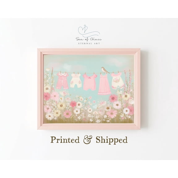 Baby Girl Clothesline Bird Poster Pastel Pink Nursery Wall Art Poster, Whimsical Floral Artwork for Baby Shower , Cottagecore 's Room Decor, Unframed Poster Size 8x12 F03.1.18l1548