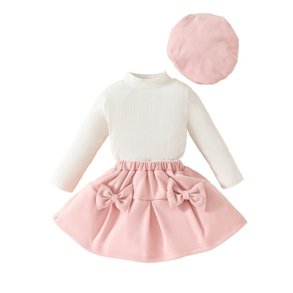 Baby Girl Clothing Turtleneck Long Sleeve Top Suit Bow Skirt Beret Suit Winter Plus Velvet Skirt Suit