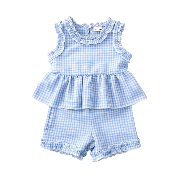 Baby Girl Comfortable And Breathable Set Cute Cartoon Sweet Plaid Fungus Edge Sleeveless Vest Shorts Set