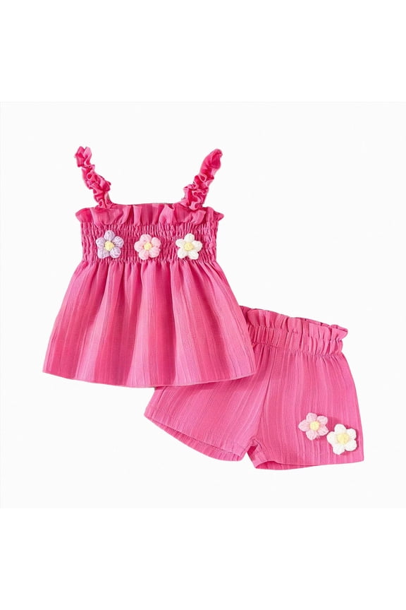 Toddler Baby Girl Outfits Floral Summer Clothes Infant Spring Waffle Short Sleeve Shirt Tops Cute Shorts Set(Hot Pink,12-18 Months)