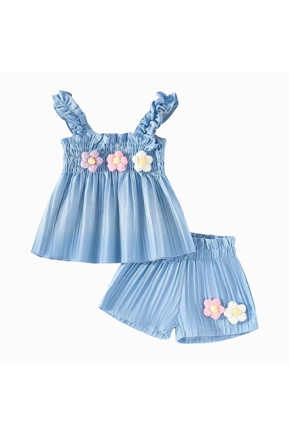 Toddler Baby Girl Outfits Floral Summer Clothes Infant Spring Waffle Short Sleeve Shirt Tops Cute Shorts Set(Blue,2-3 Years)