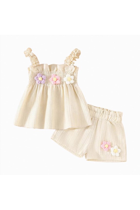 Toddler Baby Girl Outfits Floral Summer Clothes Infant Spring Waffle Short Sleeve Shirt Tops Cute Shorts Set(Beige,2-3 Years)