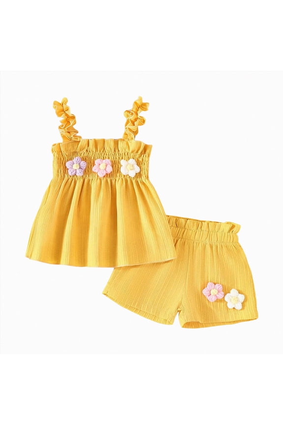 Toddler Baby Girl Outfits Floral Summer Clothes Infant Spring Waffle Short Sleeve Shirt Tops Cute Shorts Set(Yellow,18-24 Months)