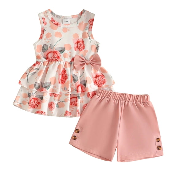 Baby Girl Comfortable And Breathable Set Summer Sweet Printed Bow Sleeveless Top Shorts Two Piece Set